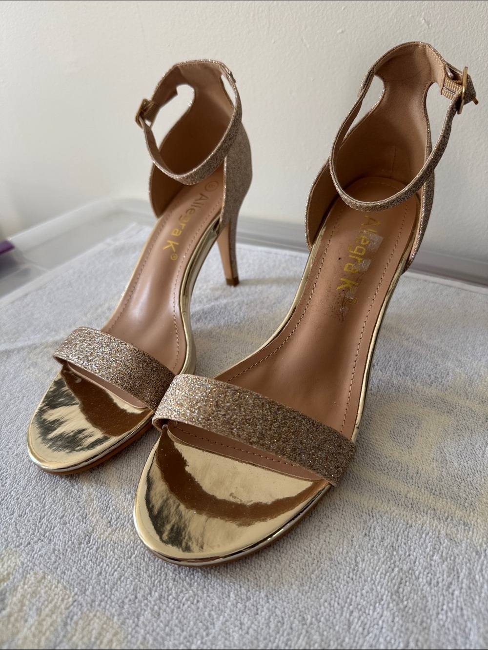 Allegra K Gold Glitter Ankle Strap Heels